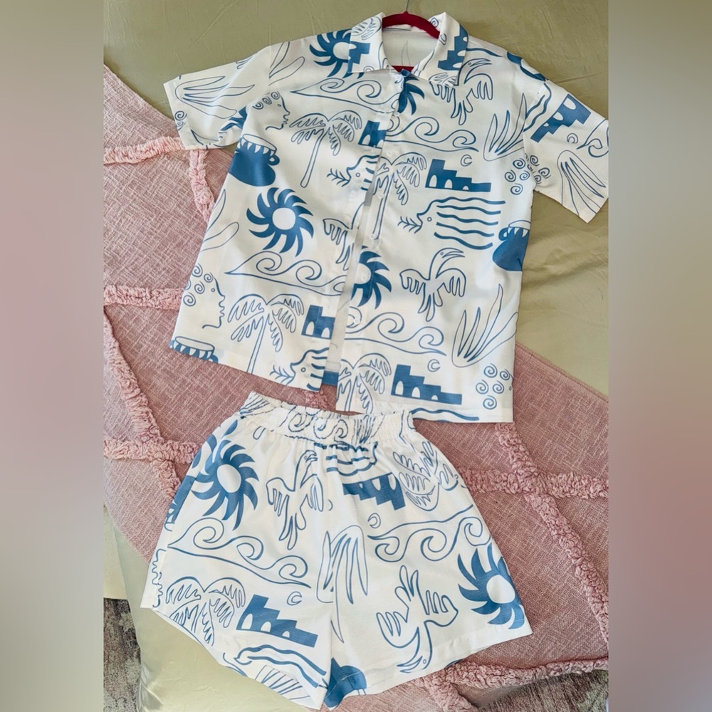 Women Blue and White Shirt set, size S